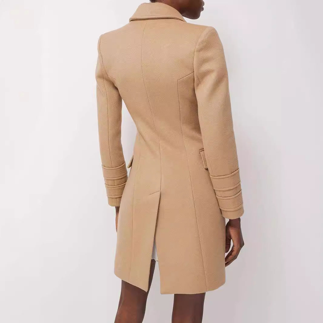 Women’s short coat in blazer dress style with structured waistline and golden decorative buttons Mune Fashion