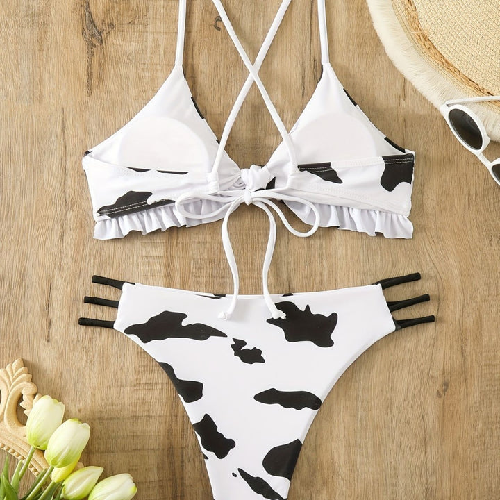 Women Triangle Bikini with fringe detail and playful cow pattern Mune Fashion