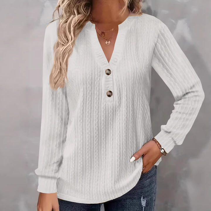 Women Structured V-Neck Long Sleeve Shirt with Decorative Button Placket Mune Fashion