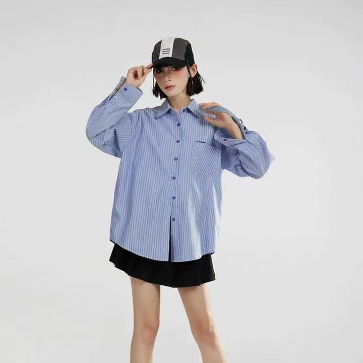 Women’s loosely cut shirt blouse made of cotton blend with breast pocket boxy fit Mune Fashion