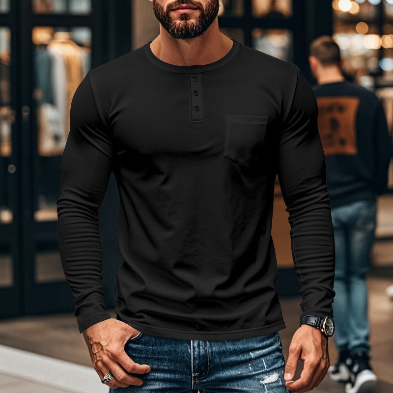 Men's fitted Henley long sleeve shirt with chest pocket and fine stretch jersey Mune Fashion