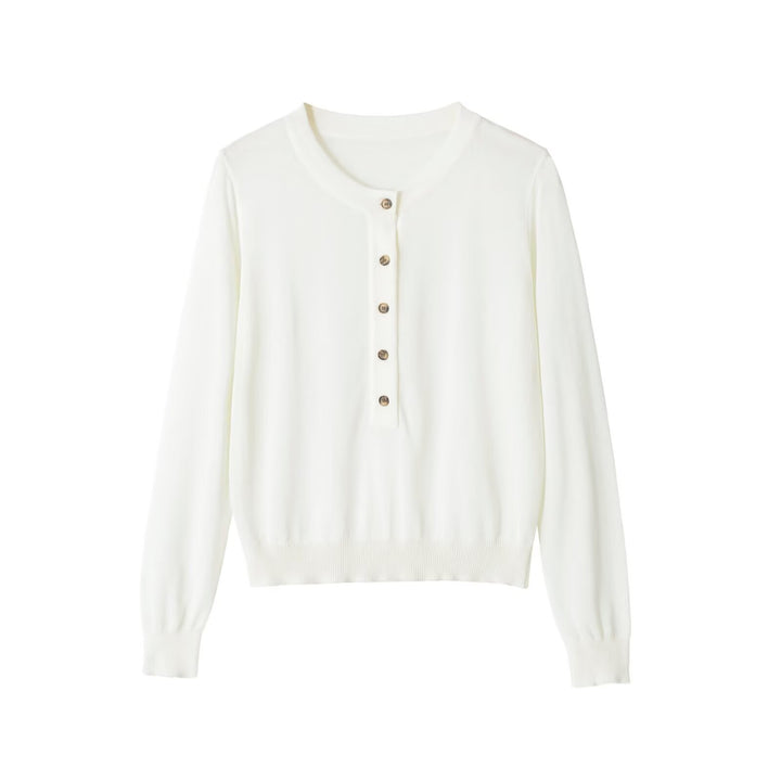 Ladies fine-knit henley pullover with button placket and ribbed hem Mune Fashion