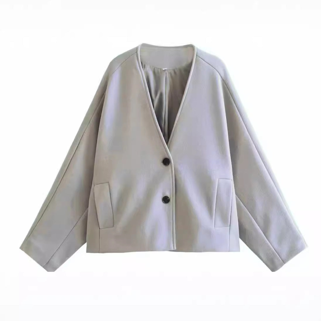 Women's Oversized Short Jacket made of Wool Blend with Boxy Silhouette and Balloon Sleeves Mune Fashion