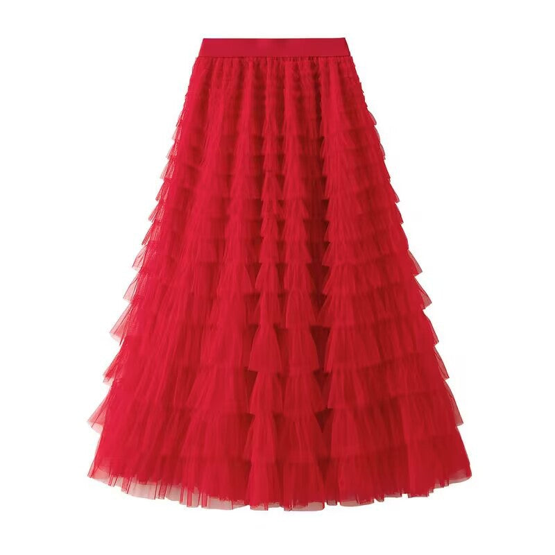 Women's layered tulle midi skirt with elastic waistband and ruffles Mune Fashion