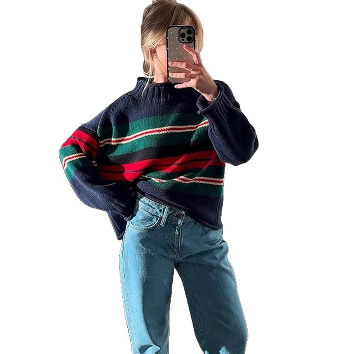 Women Striped Oversize Knit Sweater with Raglan Sleeves Mune Fashion
