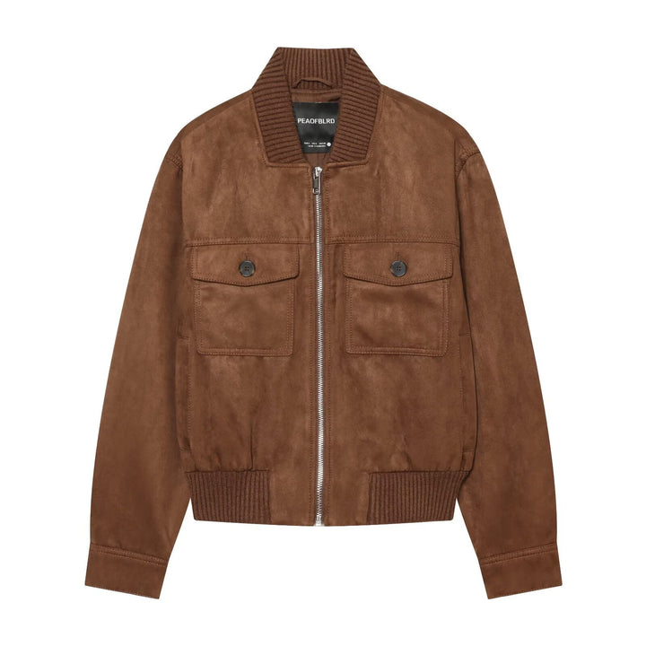 Women's Velour Leather Look Bomber Jacket with Ribbed Hem, Breast Pockets, and Full Zipper Mune Fashion