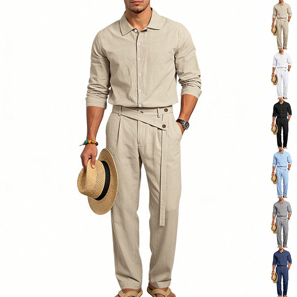 Men's elegant linen two-piece set with shirt and high-waisted pants with tie belt Mune Fashion