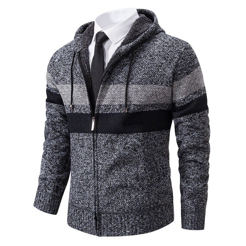 Men's non-insulated hooded cardigan with teddy lining, full-length zipper and contrasting stripes Mune Fashion