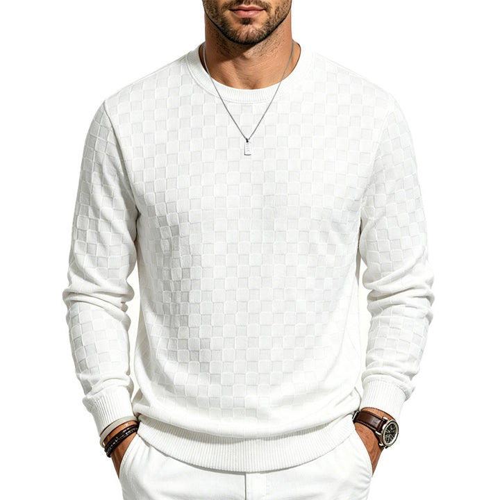 Men's Fine Round Neck Knit Sweater with Discreet Checkered Pattern Mune Fashion