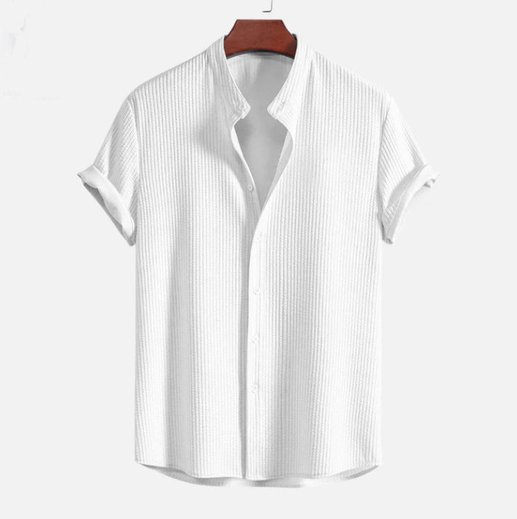 Men's Short Sleeve Structured Shirt with Stand Collar and Rolled-Up Sleeves Mune Fashion