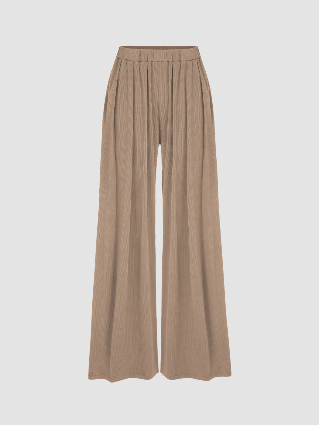 Women's Wide Palazzo Knit Trousers with High Elastic Waistband and Fine Ribbed Texture Drune
