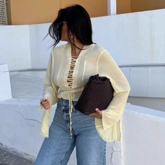 Women's feminine chiffon blouse with lacing V-neck and bell sleeves Mune Fashion
