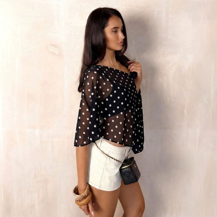 Women one-sided off-shoulder chiffon top with polka dot mesh, cropped cut and asymmetrical hem Mune Fashion