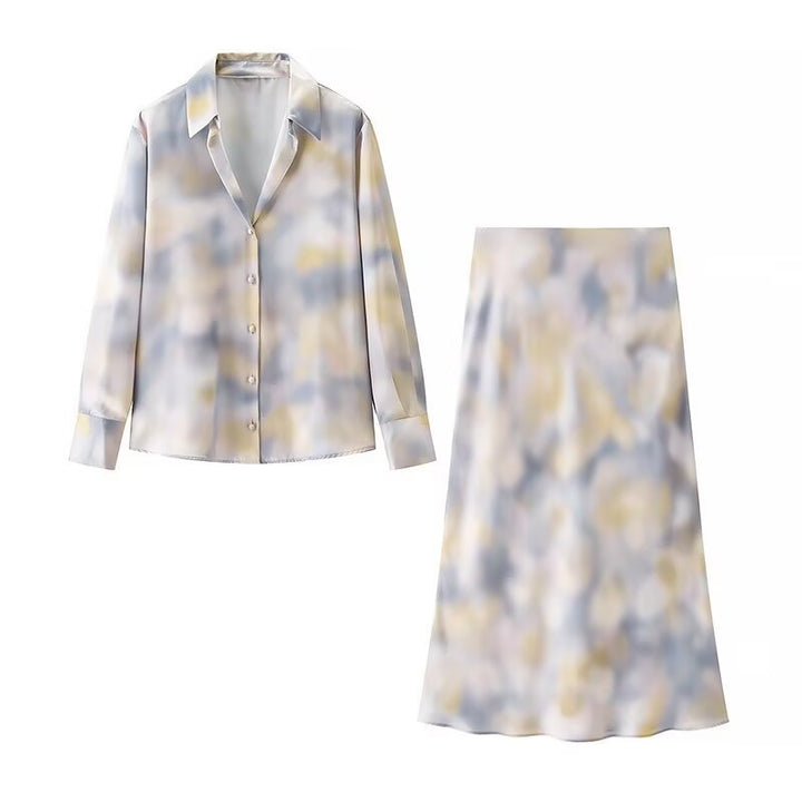 Women's Silky Two-Piece Blouse and Midi Skirt Set with A-Line Skirt and Abstract Watercolor Print Mune Fashion