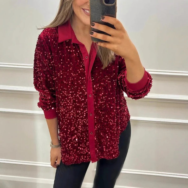 Women's shimmering sequin shirt blouse with collar, button placket, and elastic cuffs Mune Fashion