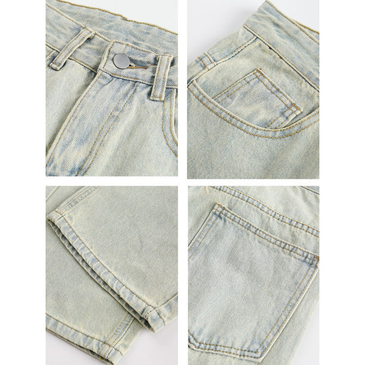Women's Wide Utility Denim Trousers with Knee Patch, High Waist and Straight Leg Mune Fashion