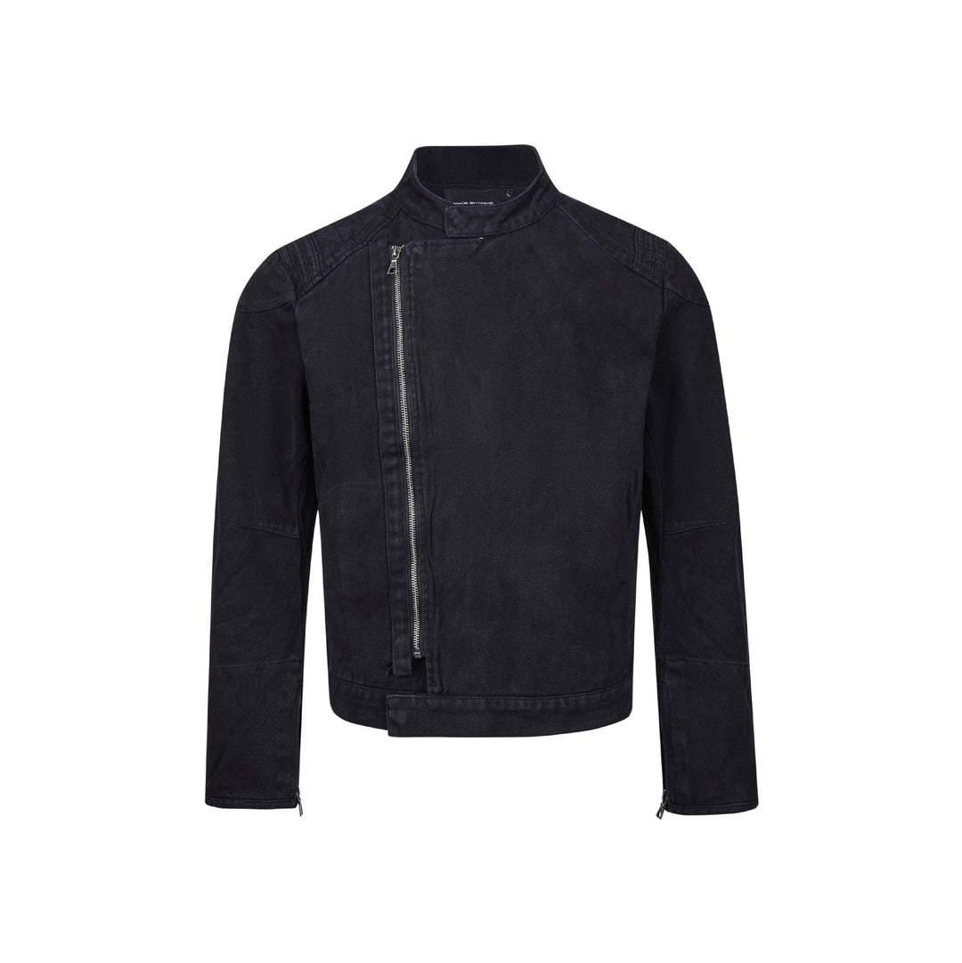 Men's short-cut asymmetric canvas biker jacket with funnel collar and zipper detail Mune Fashion