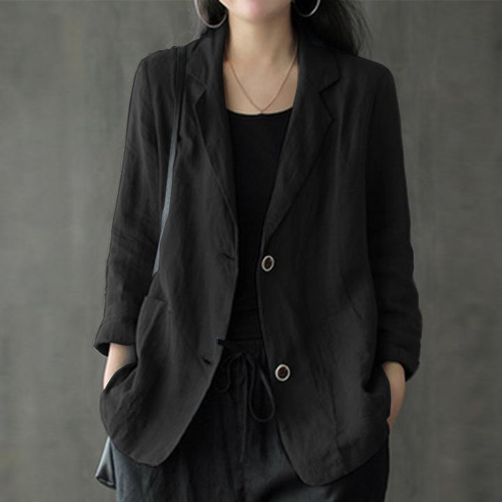 Women's linen blazer in a casual style with a loose fit and patch pockets