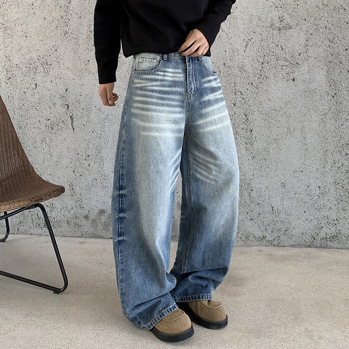 Men's Extra Wide Baggy Denim Trousers with High Waist, Distinctive Whisker Folds and Deep Crotch Mune Fashion