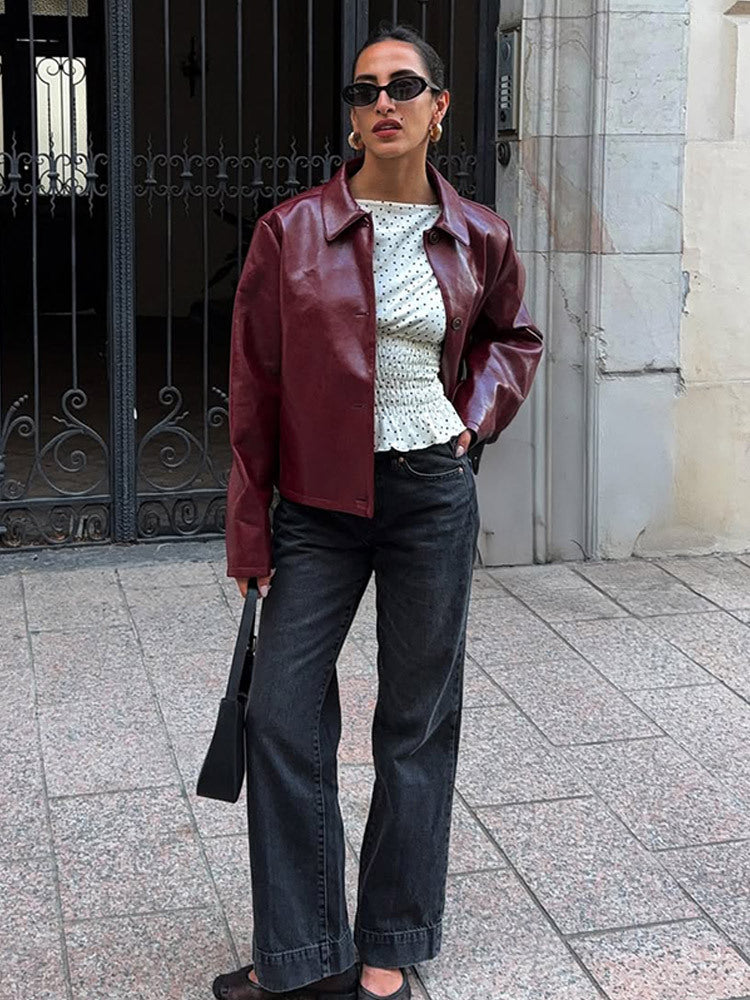 Women's Boxy Faux Leather Jacket with Shirt Collar and Straight Cropped Cut Mune Fashion