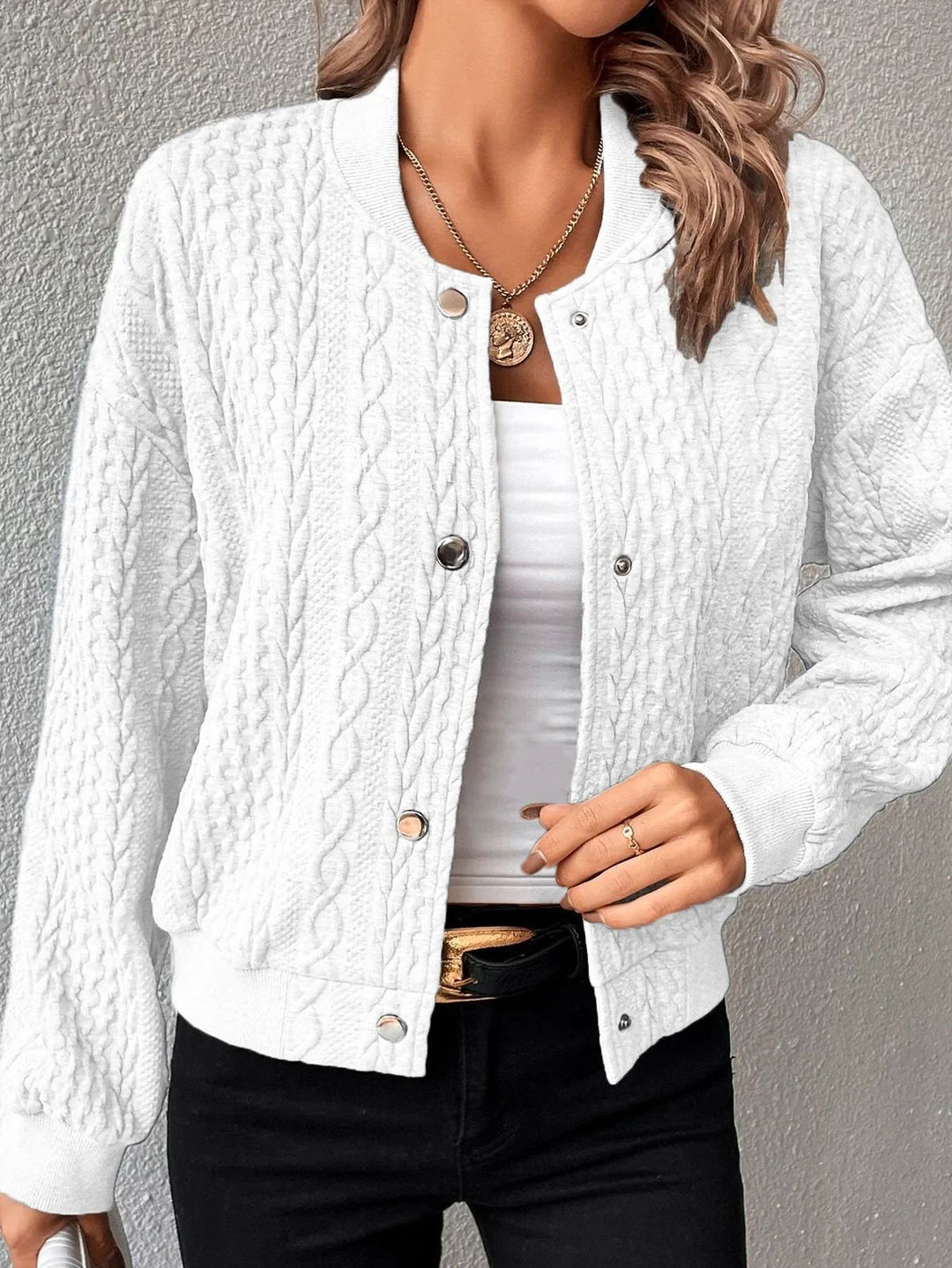 Women's Structured Knit Bomber Jacket with Cable Pattern and Snap Buttons Drune