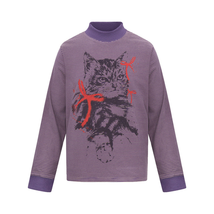 Unisex Striped Long Sleeve with Stand Collar, Oversize Cut and Cat Print Mune Fashion