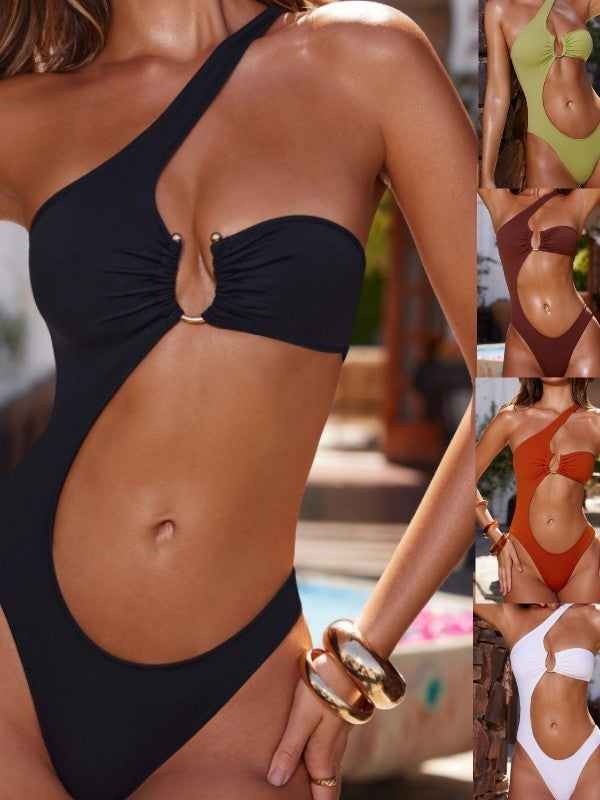 Women One-Sided Swimsuit with Decorative Cut-Out and Ruffle Detail Mune Fashion