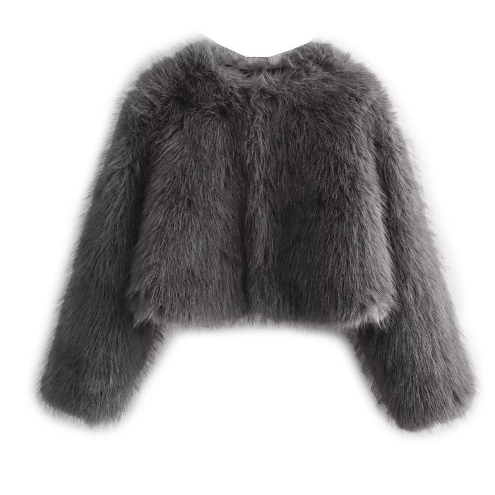 Women's Short Faux Fur Jacket with Voluminous Sleeves and Round Neckline Mune Fashion