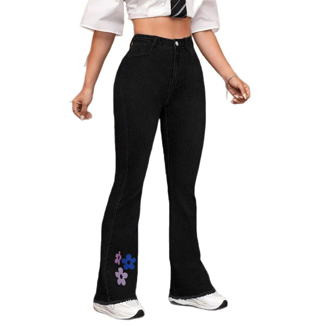 Women's High-Waist Denim Jeans with Slightly Flared Leg and Floral Print Mune Fashion