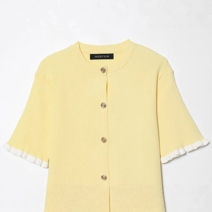 Women's Fine Ribbed Short Sleeve Cardigan with Decorative Buttons and Ruffle Sleeves Mune Fashion
