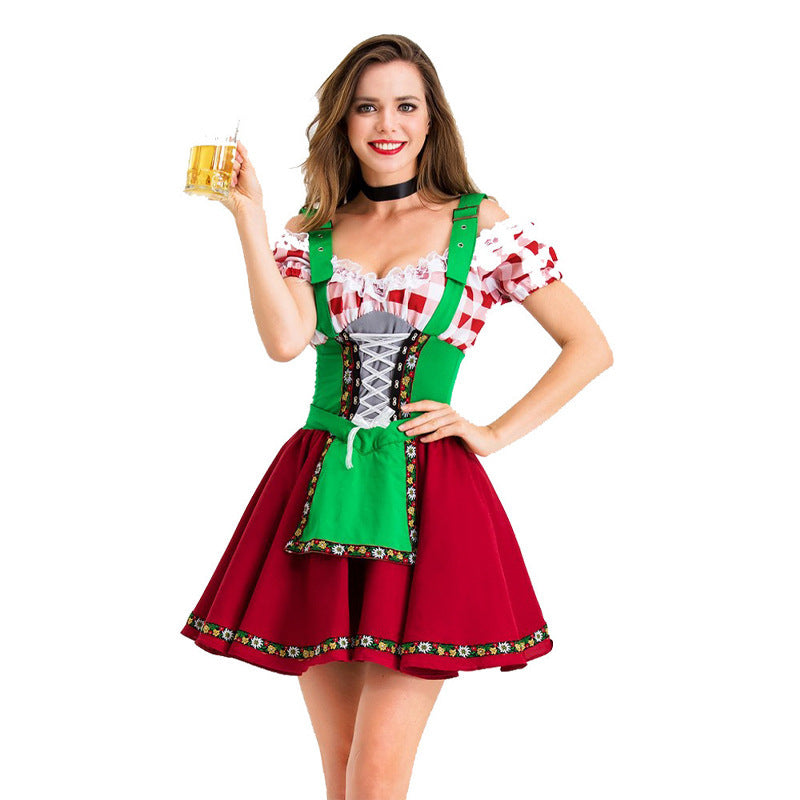Ladies' nan party dirndl mini dress in Oktoberfest style with adjustable straps, lace trim, and embroidered apron application Mune Fashion