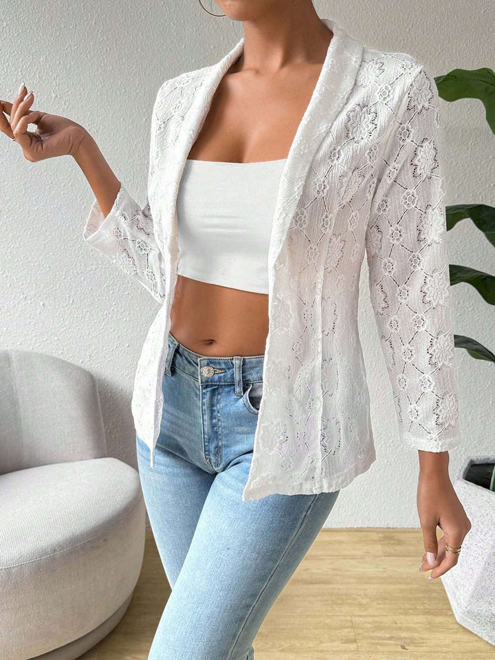 Women's transparent lace blazer with shawl collar and three-quarter length sleeves Mune Fashion