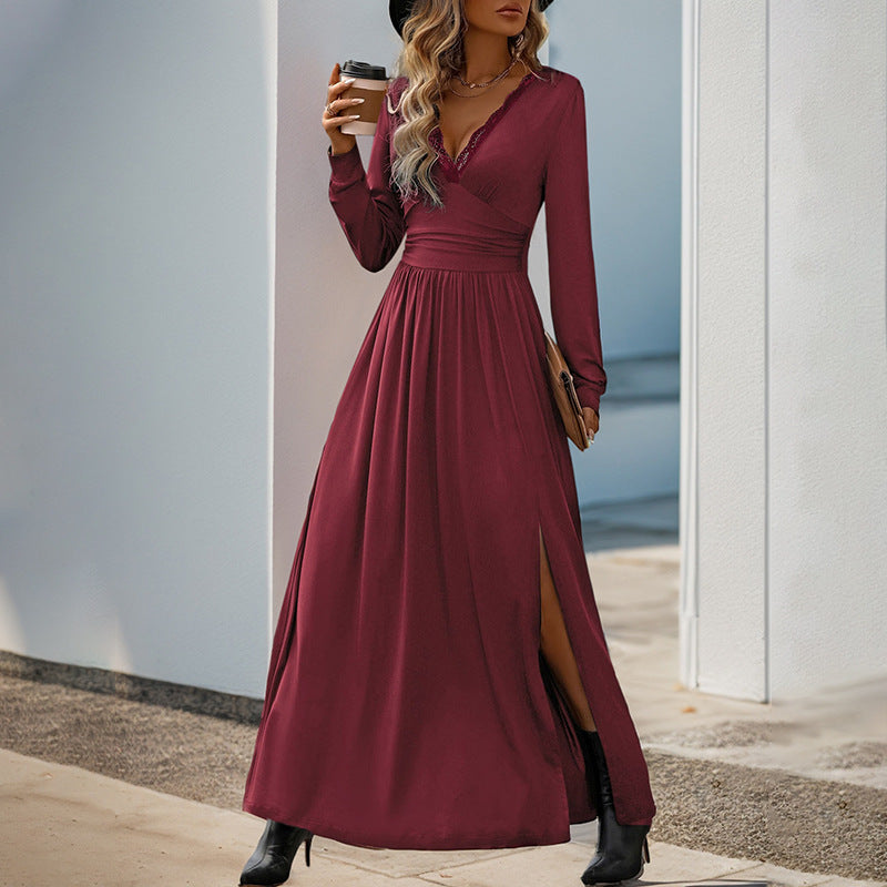 Women's Elegant Maxi Dress with V-Neck and High Slit Mune Fashion