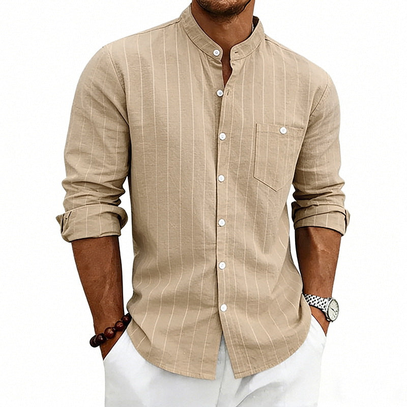 Men's breathable pinstripe long-sleeve shirt with stand collar, chest pocket, and rounded hem Mune Fashion