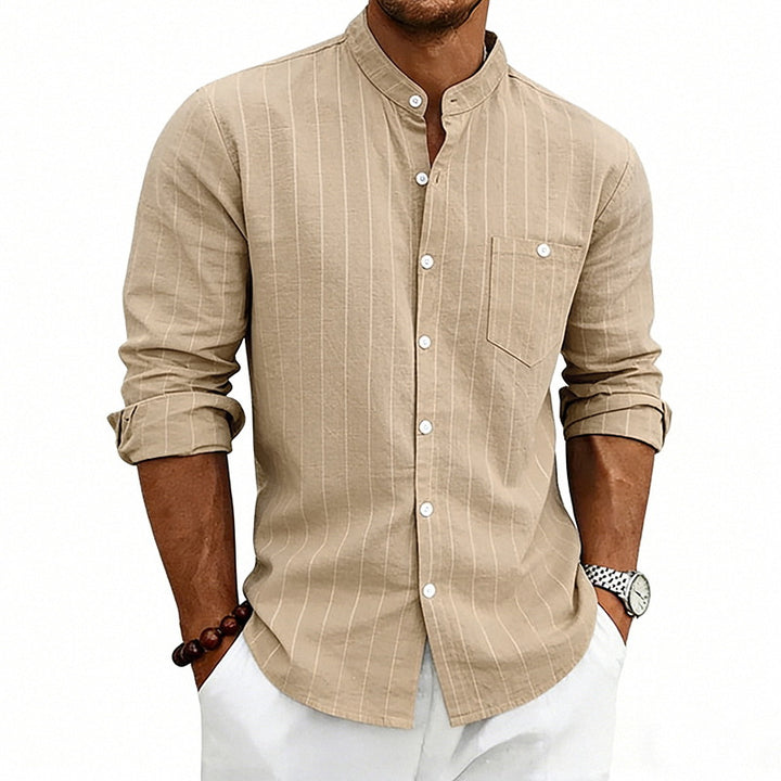 Men's breathable pinstripe long-sleeve shirt with stand collar, chest pocket, and rounded hem Mune Fashion
