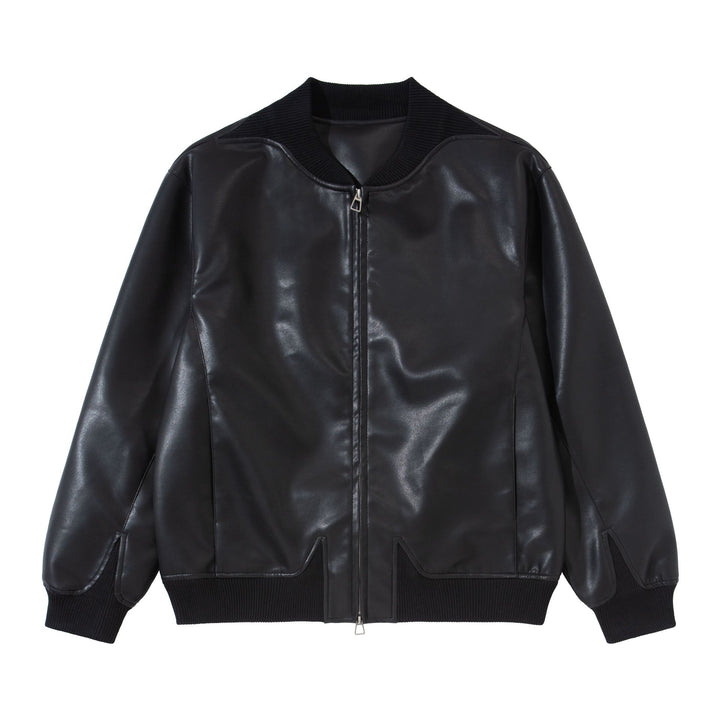 Men's smooth leather bomber jacket with concealed front and elastic ribbed cuffs