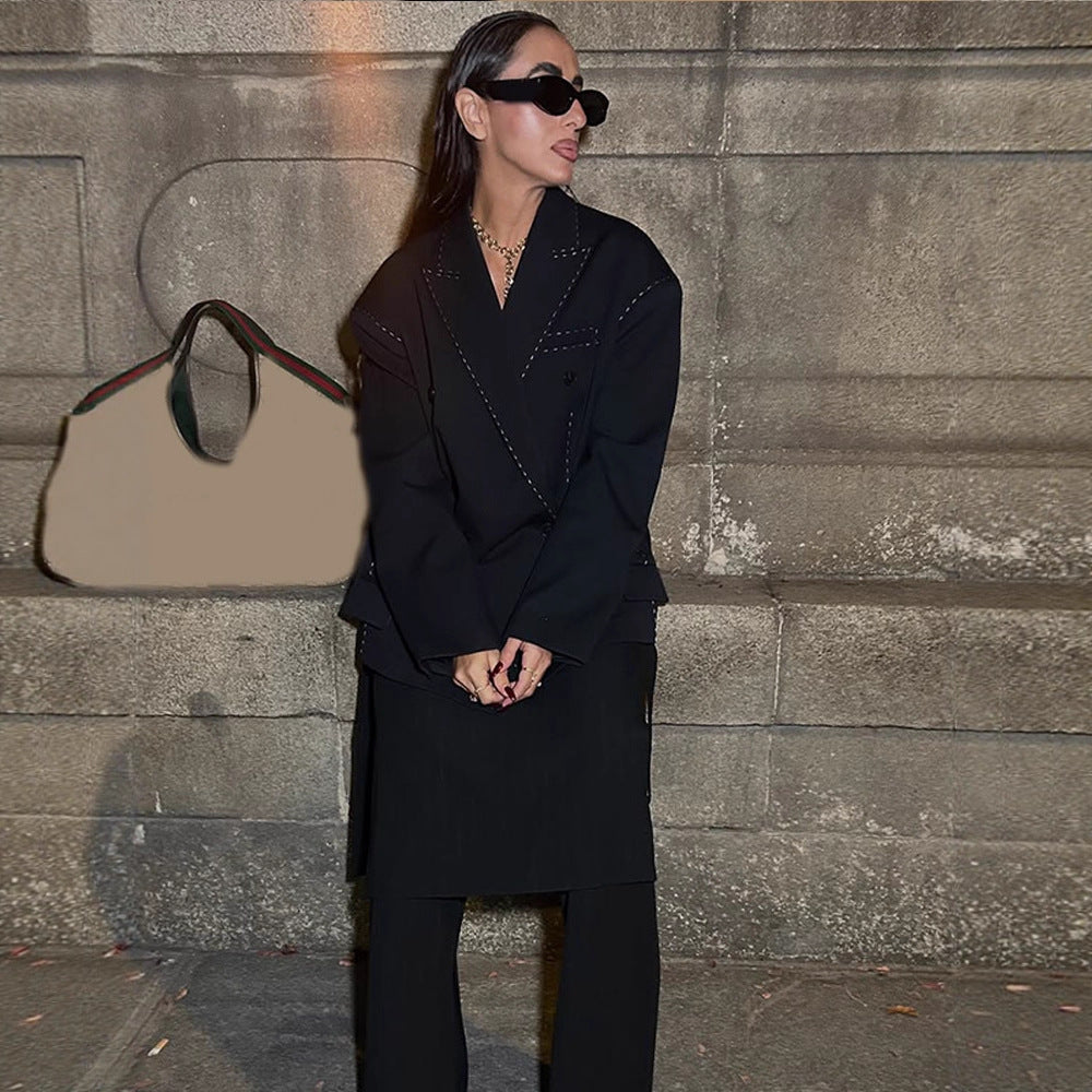 Women Oversized Two-Piece Boxy Blazer and Wide Pleated Trousers with Decorative Stitching Mune Fashion