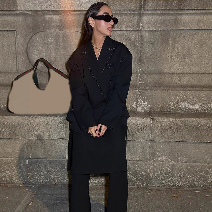 Women Oversized Two-Piece Boxy Blazer and Wide Pleated Trousers with Decorative Stitching Mune Fashion