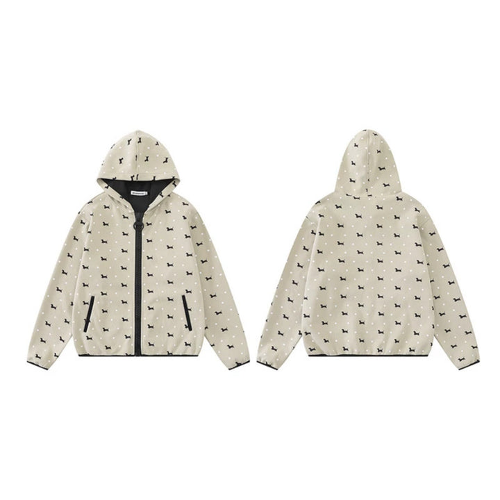 Women Lightweight Hooded Zip Jacket with Dog Silhouette and Polka Dot Allover Mune Fashion