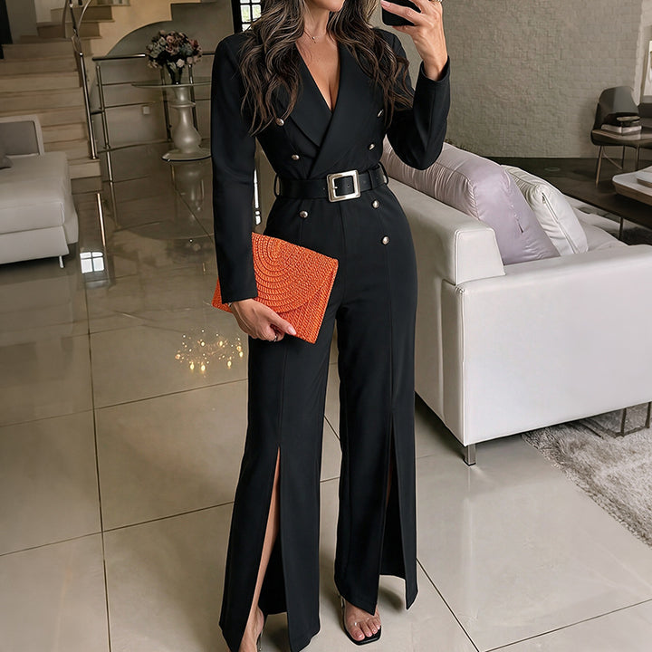 Women Elegant Jumpsuit with Deep V-Neck and Narrow Belt Mune Fashion