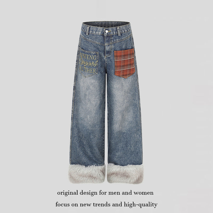 Women wide high-cut denim palazzo pants with check patch pocket and faux fur trim at hem Mune Fashion