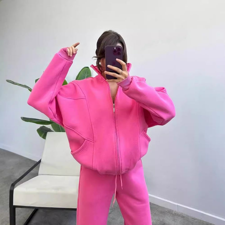 Women Oversized Fleece Set with Zipper Jacket and Loose Jogging Pants Mune Fashion