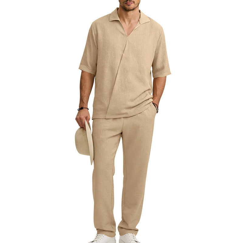Men's crepe structure leisure set with open lapel collar and straight comfort trousers with side pockets Mune Fashion