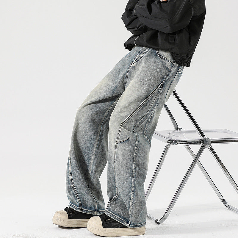 Men's Wide Stonewashed Panel Denim Pants with Drop Crotch and Distinctive Decorative Stitching Mune Fashion