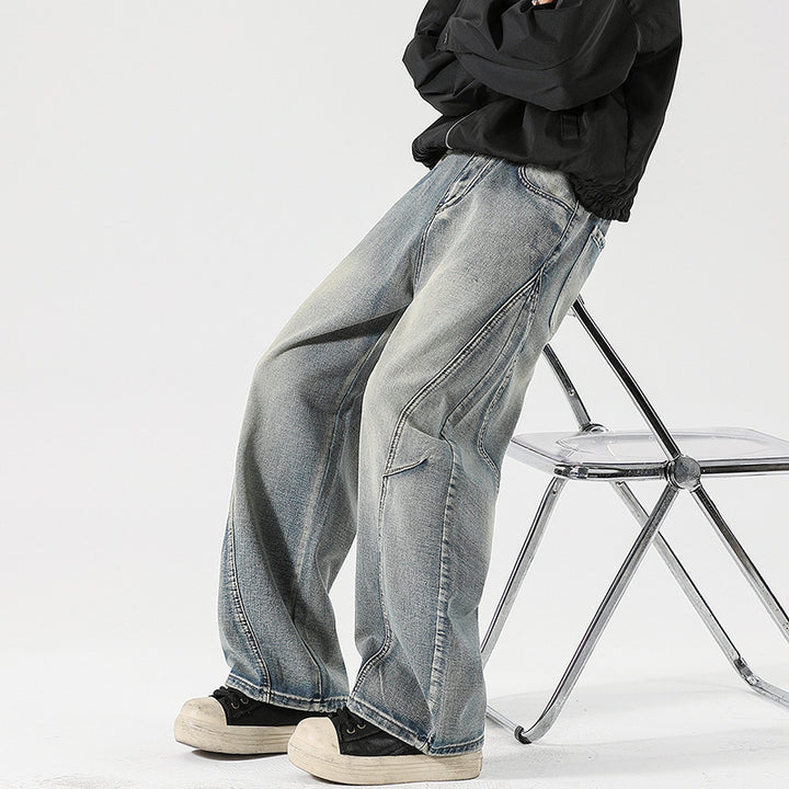 Men's Wide Stonewashed Panel Denim Pants with Drop Crotch and Distinctive Decorative Stitching Mune Fashion