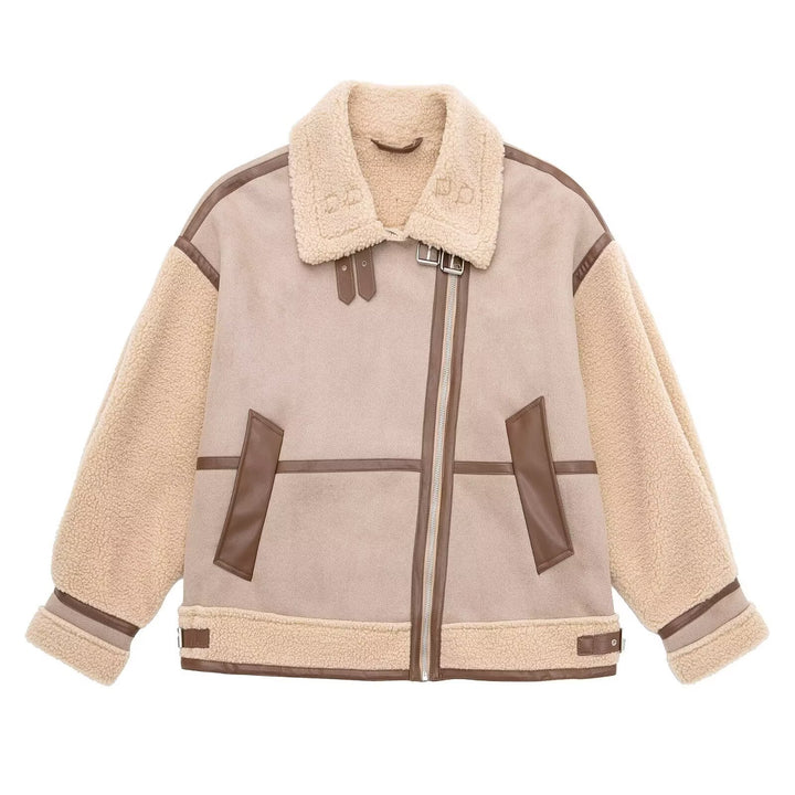 Women's Oversized Flight Jacket with Teddy Lining, Asymmetrical Zip and Faux Leather Details Mune Fashion