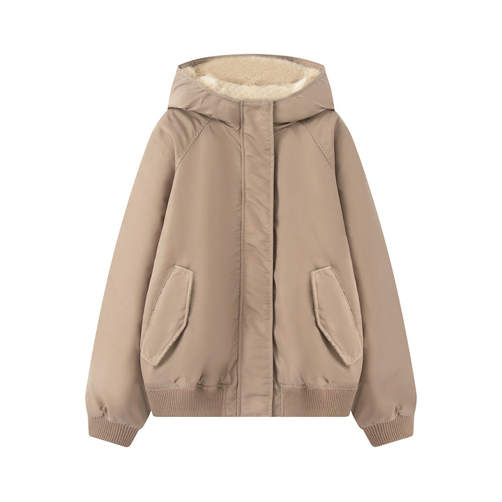 Women's non-padded hooded jacket with teddy lining, concealed zipper and ribbed cuffs Mune Fashion
