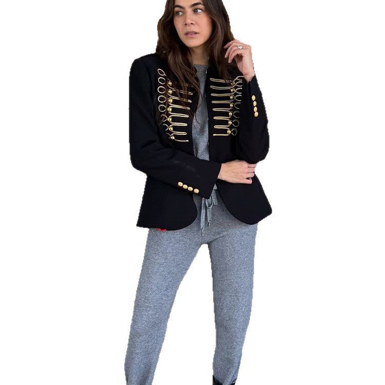 Ladies military short blazer with gold cord trim and decorative closures Mune Fashion