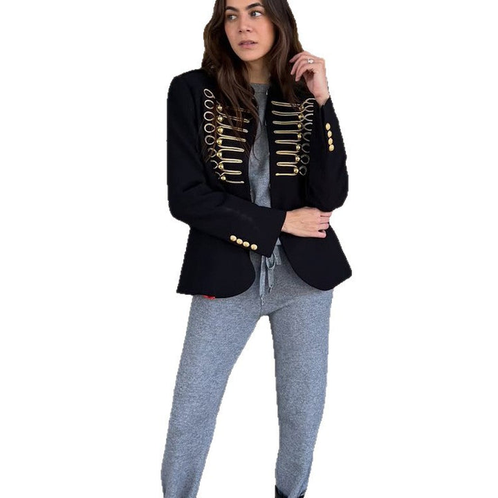 Ladies military short blazer with gold cord trim and decorative closures Mune Fashion