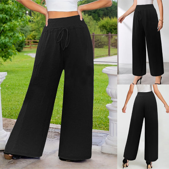 Women's Wide Linen Look Palazzo Pants with High Smocked Band, Drawstring and Side Pockets Mune Fashion